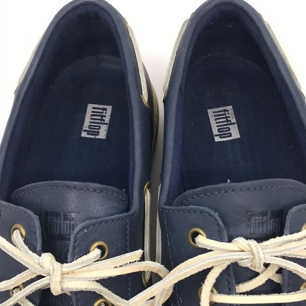 Fitflop LAWRENCE Men's Navy Pebbled Leather Boat Shoes Sz 11